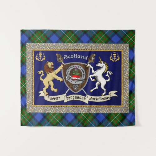 Fergusson Clan Badge & Tartan w/Motto Tapestry
