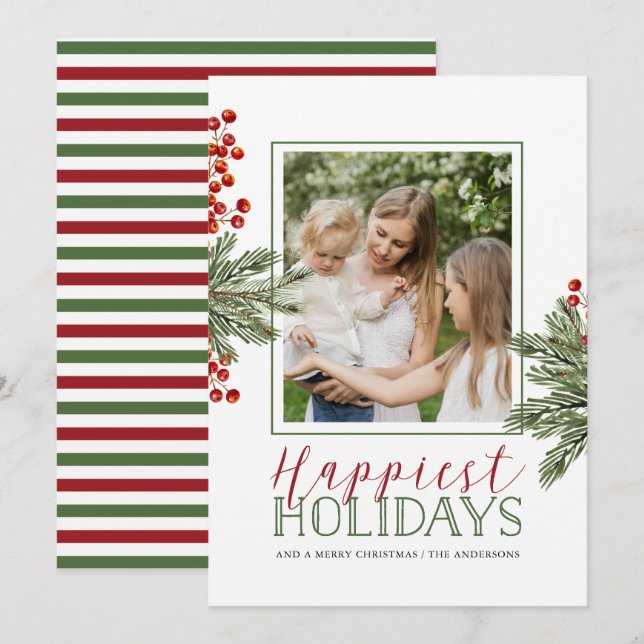 Fern and Holly Berries Photo Christmas Card (Front/Back)
