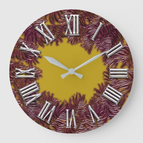 Fern Beetroot Gray Metal Grey Yellow Roman Number Large Clock