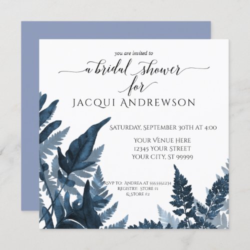 Fern Botanical Bridal Shower Cornflower Sky Blue Invitation