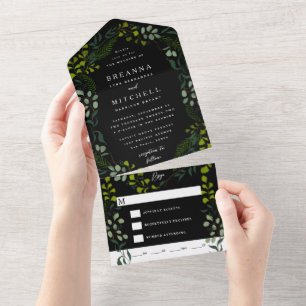 Fern Eucalyptus Hand-Drawn Greenery Black Wedding All In One Invitation