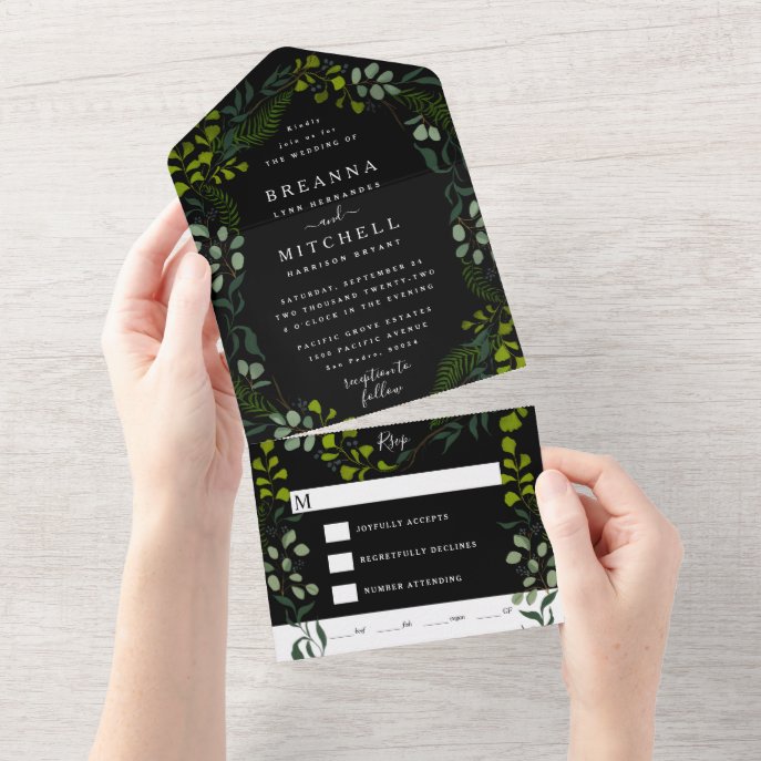 Fern Eucalyptus Hand-Drawn Greenery Black Wedding All In One Invitation