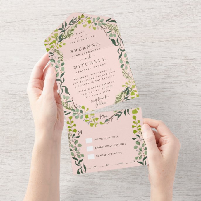 Fern Eucalyptus Hand-Drawn Greenery Blush Pink All In One Invitation