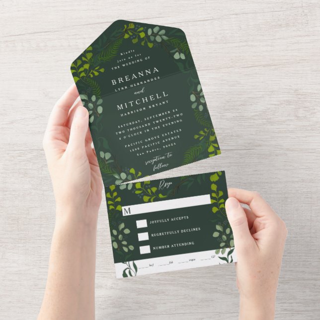 Fern Eucalyptus Hand-Drawn Greenery Dark Green All In One Invitation (Tearaway)