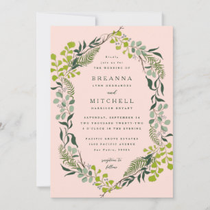 Fern Eucalyptus Hand-Drawn Greenery Pink Wedding Invitation