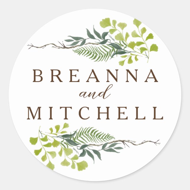 Fern Eucalyptus Hand-Drawn Greenery Wedding Classic Round Sticker (Front)