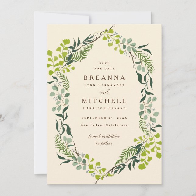 Fern Eucalyptus Hand-Drawn Greenery Wedding Cream Save The Date (Front)