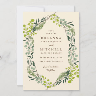 Fern Eucalyptus Hand-Drawn Greenery Wedding Cream Save The Date