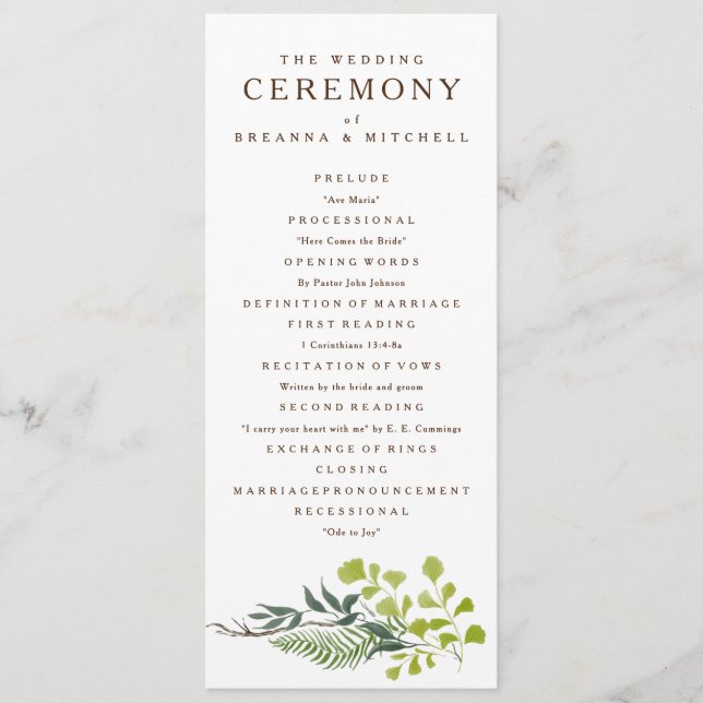 Fern Eucalyptus Hand-Drawn Greenery Wedding Program (Front)