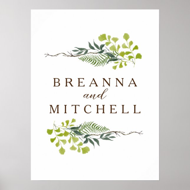 Fern Eucalyptus Hand-Drawn Greenery White Wedding Poster (Front)