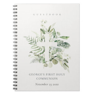 Fern Foliage Cross First Holy Communion Guestbook Notebook