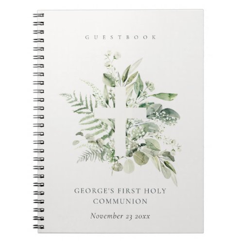 Fern Foliage Cross First Holy Communion Guestbook Notebook
