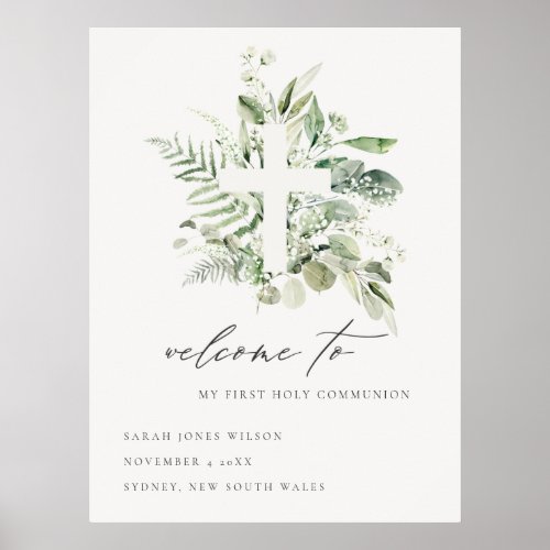 Fern Foliage Cross First Holy Communion Welcome Poster