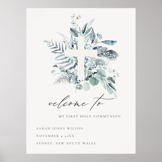 Fern Foliage Cross First Holy Communion Welcome Poster (Front)