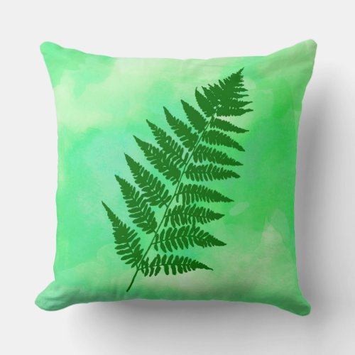 Fern Frond Green on a Watercolor Background Throw Pillow
