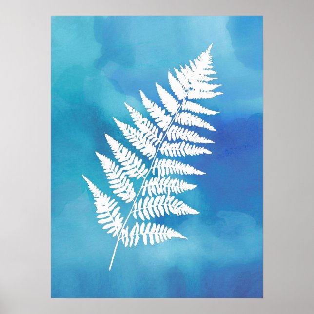 Fern Frond, White on Blue Watercolor Background Poster (Front)
