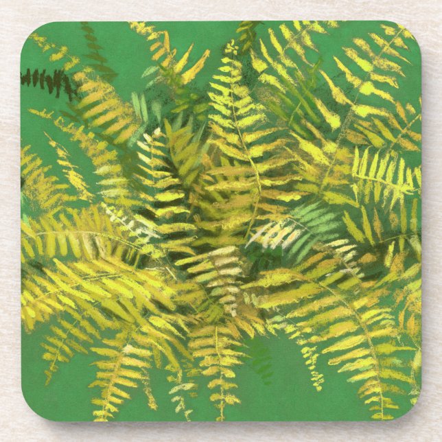 Fern, fronds, floral, green golden yellow greenery beverage coaster (Front)