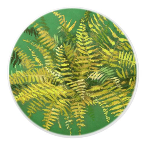 Fern fronds floral green golden yellow greenery ceramic knob