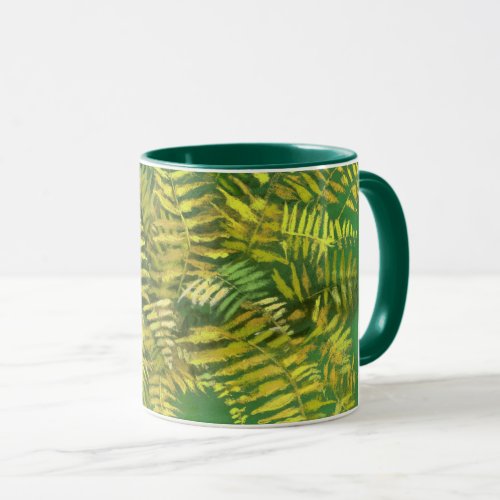 Fern fronds floral green golden yellow greenery mug