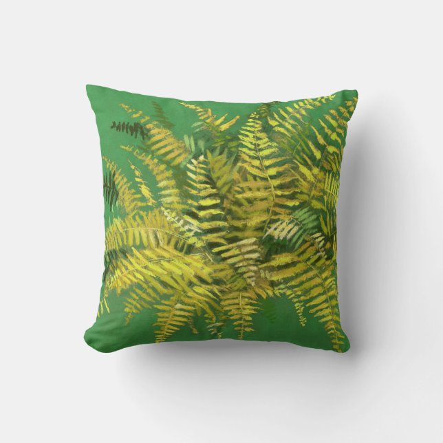 Fern, fronds, floral, green golden yellow greenery throw pillow (Front)