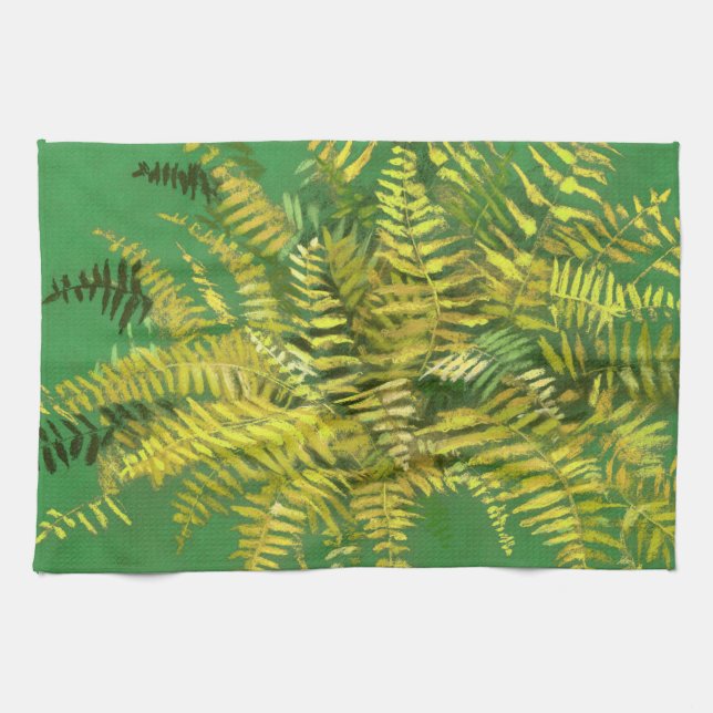 Fern, fronds, floral, green golden yellow greenery towel (Horizontal)