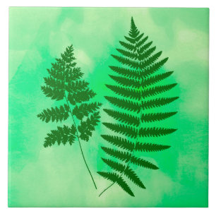 Fern Fronds, Green on a Watercolor Background Ceramic Tile