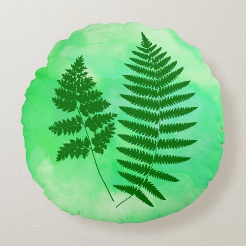 Fern Fronds Green on a Watercolor Background Round Pillow