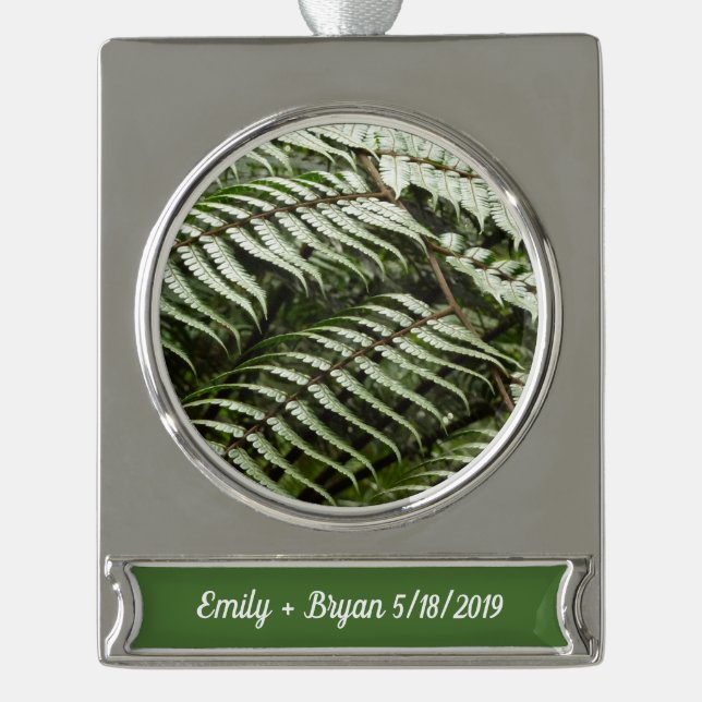 Fern Fronds II Dark Green Nature Silver Plated Banner Ornament (Front)