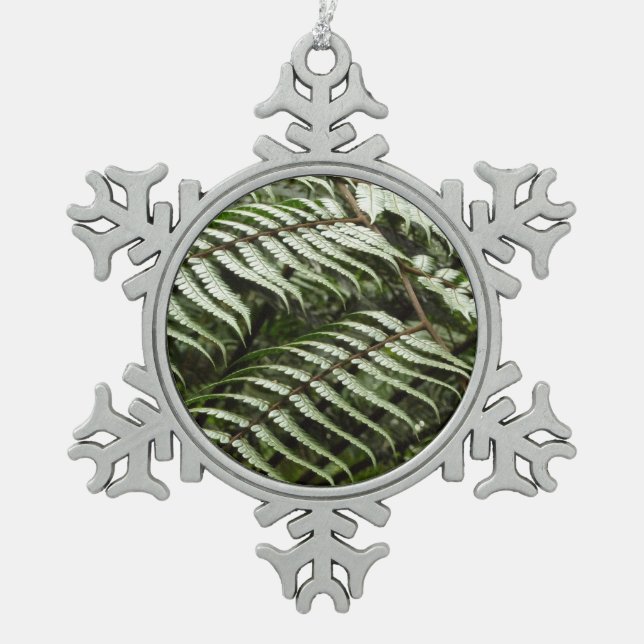 Fern Fronds II Dark Green Nature Snowflake Pewter Christmas Ornament (Front)