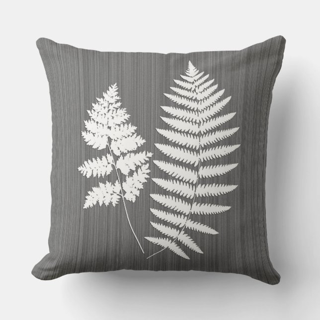 Fern Fronds, White on Charcoal Gray / Grey Throw Pillow (Front)