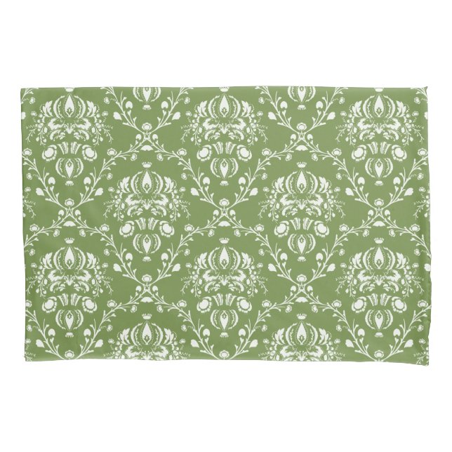 Fern Green and White Damask Pillow Case (Front-Left)