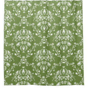 Fern Green and White Damask Shower Curtain