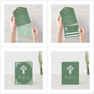 Fern Green Floral Cross Christening Set