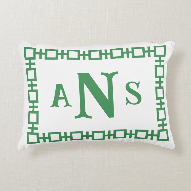 Fern Green Square Greek Key Monogram Accent Pillow (Front)