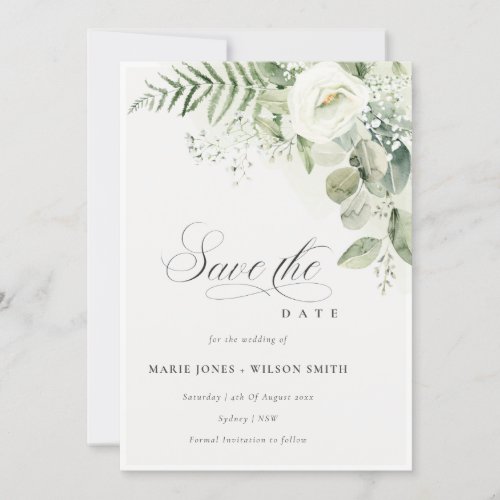 Fern Greenery White Floral Save The Date Invite