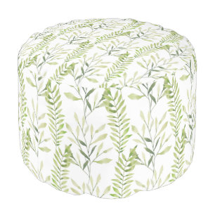 Fern Leaf Botanical Green and White  Pouf