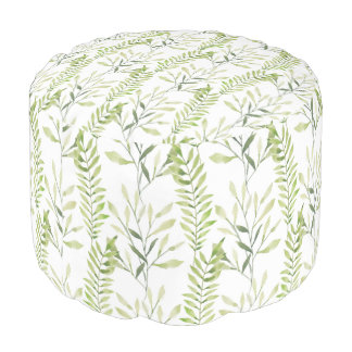 Fern Leaf Botanical Green and White Pouf