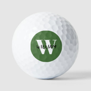 Fern Leaf   Elegant Black Name and White Initial  Golf Balls