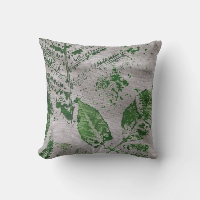 Fern Leaf Gray Printmaking Botanical Pillow (Front)