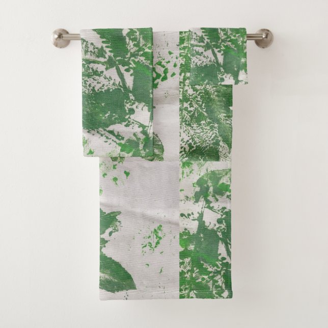 Fern Leaf Print Green Painting Fiber Art Bath Towel Set (Insitu)