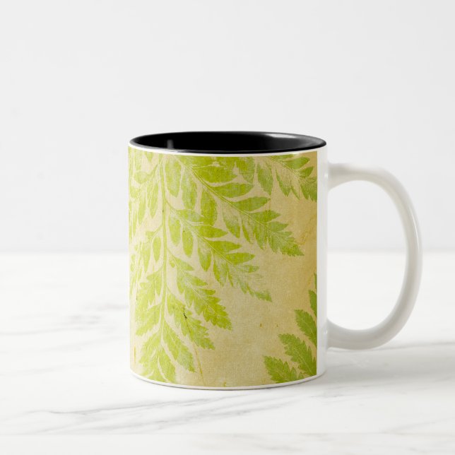 Fern Leaf Stamped Pattern Grungy Background Two-Tone Coffee Mug (Right)