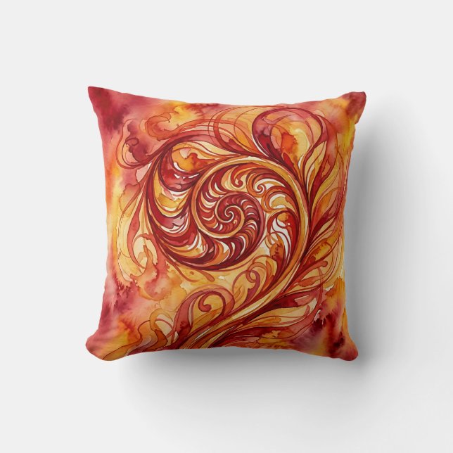Fern Leaf Throw Pillow – Fire Red Watercolor (Front)