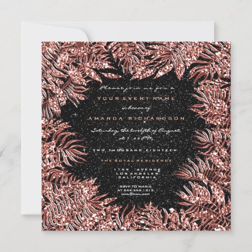 Fern Leafs Frame Rose Gold Copper Black Glitter Invitation