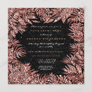 Fern Leafs Frame Rose Gold Copper Black Glitter Invitation