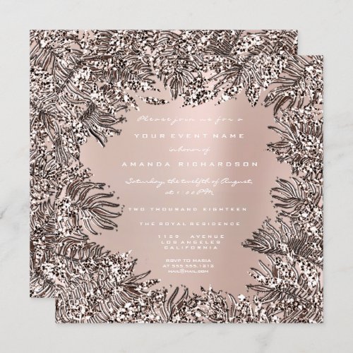 Fern Leafs Framed Crystals  Ivory Pink Rose Powder Invitation