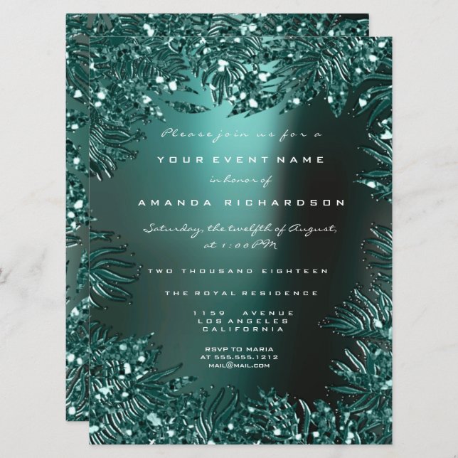 Fern Leafs Framed Crystals Teal Aquatic Formal Invitation (Front/Back)