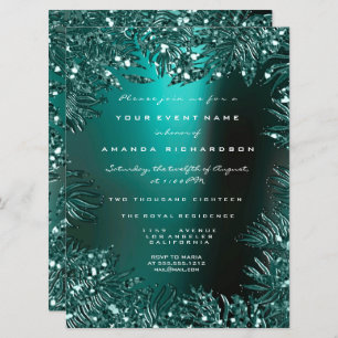 Fern Leafs Framed Crystals Teal Aquatic Formal Invitation
