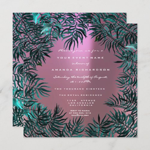 Fern Leafs Framed Crystals Teal Aquatic Green Pink Invitation