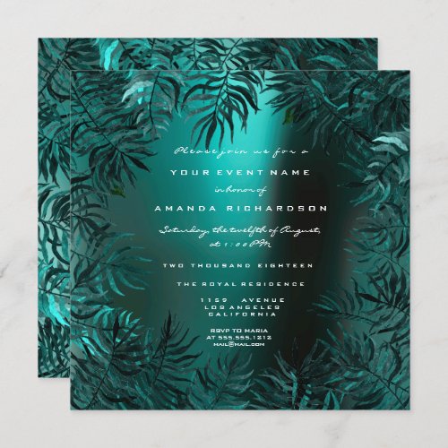 Fern Leafs Framed Crystals Teal Aquatic Green VIP Invitation