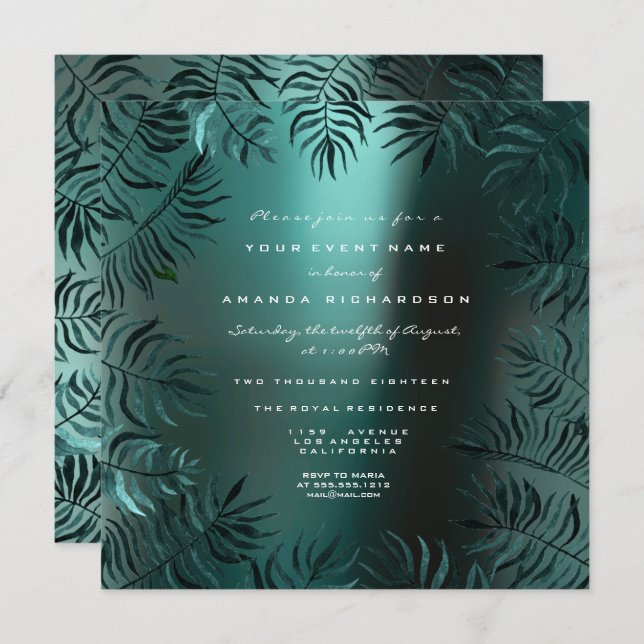 Fern Leafs Framed Crystals Teal Aquatic Luxury VIP Invitation (Front/Back)